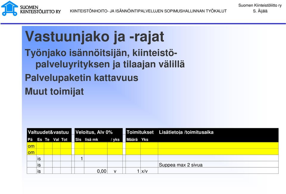 Palvelupaketin kattavuus Muut toimijat Valtuudet&vastuu Veloitus, Alv 0% Toimitukset Lisätietoja