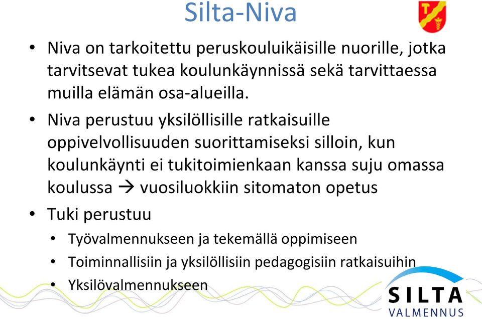 Niva perustuu yksilöllisille ratkaisuille oppivelvollisuuden suorittamiseksi silloin, kun koulunkäynti ei