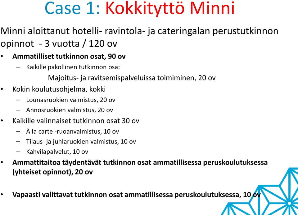 valmistus, 20 ov Kaikille valinnaiset tutkinnon osat 30 ov À la carte -ruoanvalmistus, 10 ov Tilaus- ja juhlaruokien valmistus, 10 ov Kahvilapalvelut, 10 ov