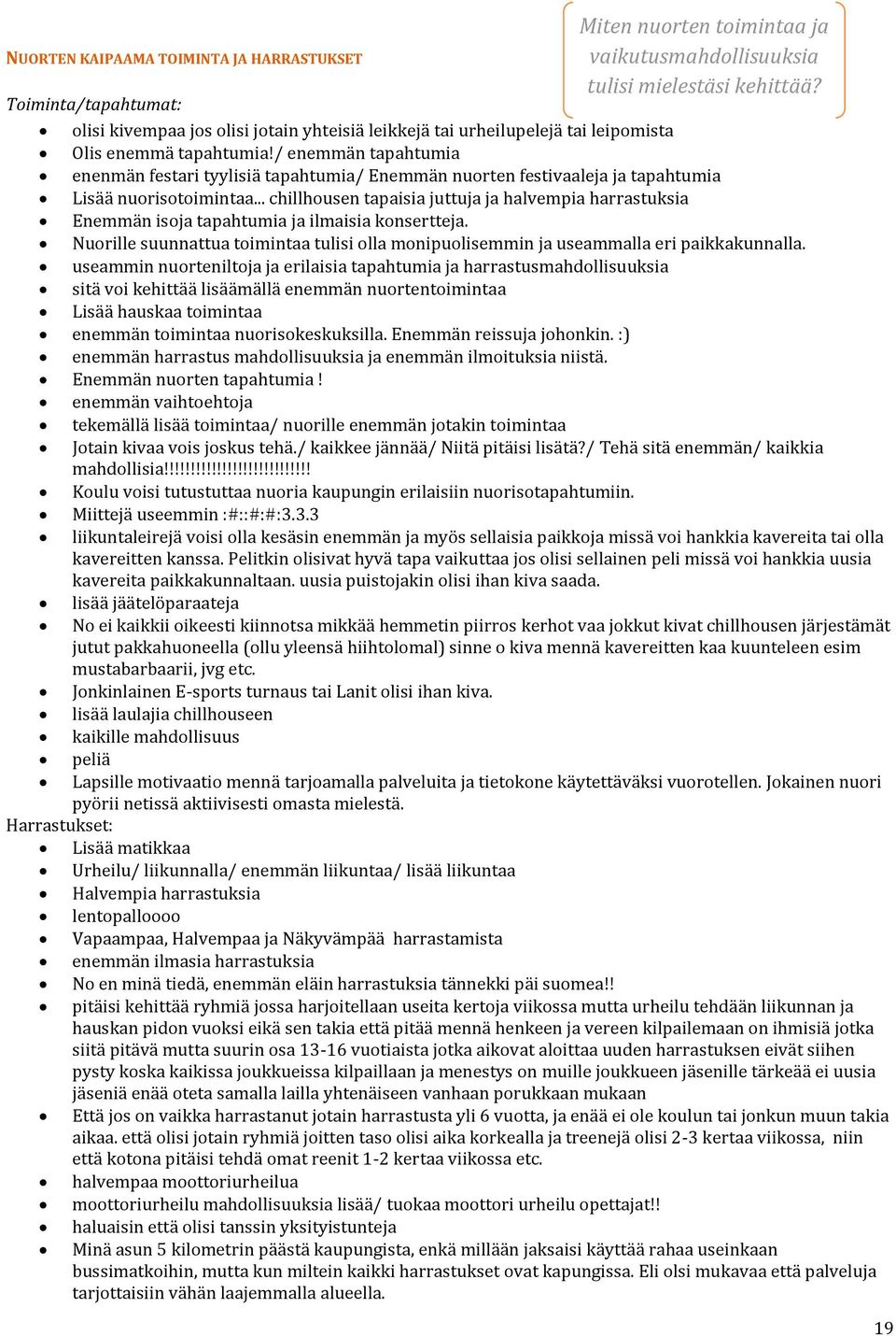 .. chillhousen tapaisia juttuja ja halvempia harrastuksia Enemmän isoja tapahtumia ja ilmaisia konsertteja. Nuorille suunnattua toimintaa tulisi olla monipuolisemmin ja useammalla eri paikkakunnalla.