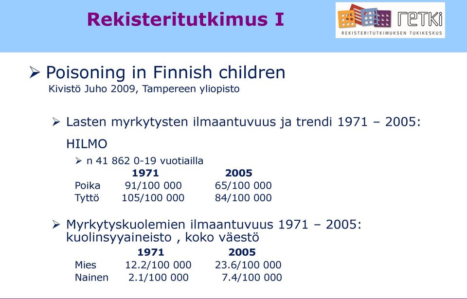 91/100 000 65/100 000 Tyttö 105/100 000 84/100 000 Myrkytyskuolemien ilmaantuvuus 1971 2005: