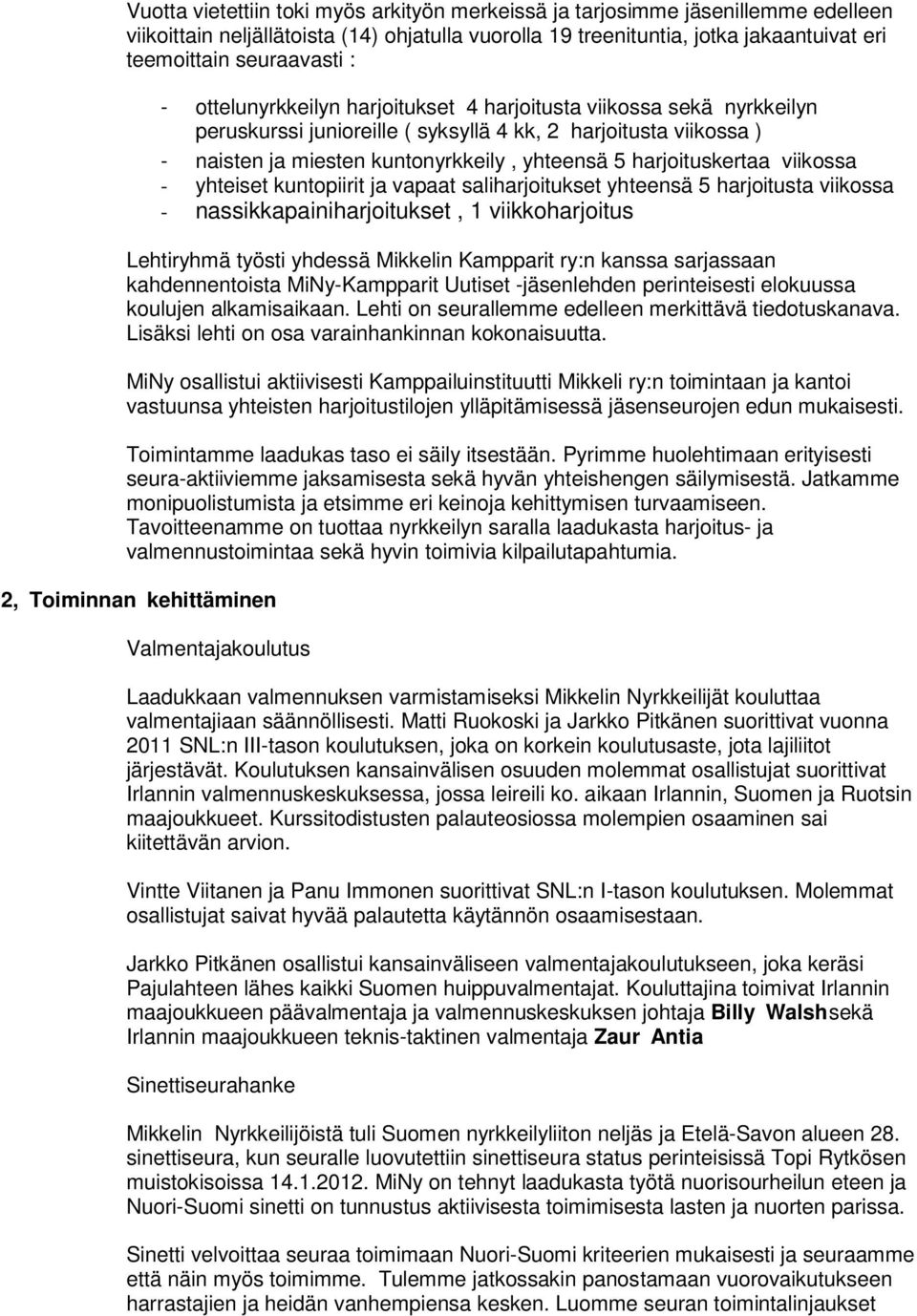 harjoituskertaa viikossa - yhteiset kuntopiirit ja vapaat saliharjoitukset yhteensä 5 harjoitusta viikossa - nassikkapainiharjoitukset, 1 viikkoharjoitus Lehtiryhmä työsti yhdessä Mikkelin Kampparit