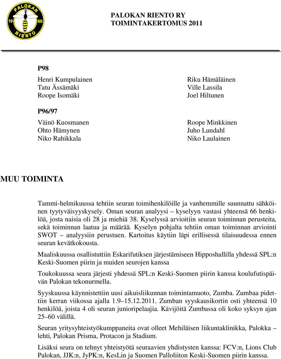 Oman seuran analyysi kyselyyn vastasi yhteensä 66 henkilöä, josta naisia oli 28 ja miehiä 38. Kyselyssä arvioitiin seuran toiminnan perusteita, sekä toiminnan laatua ja määrää.