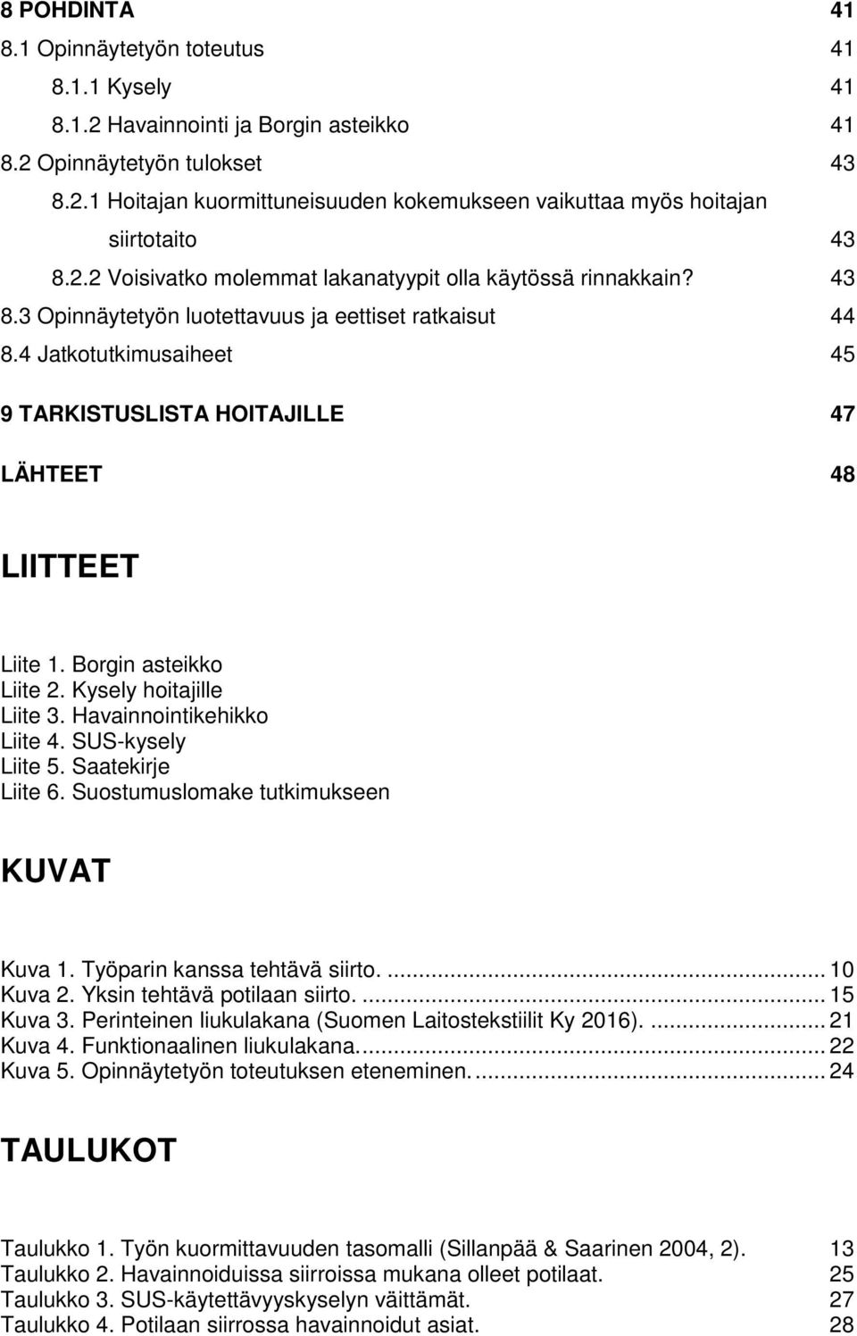 4 Jatkotutkimusaiheet 45 9 TARKISTUSLISTA HOITAJILLE 47 LÄHTEET 48 LIITTEET Liite 1. Borgin asteikko Liite 2. Kysely hoitajille Liite 3. Havainnointikehikko Liite 4. SUS-kysely Liite 5.