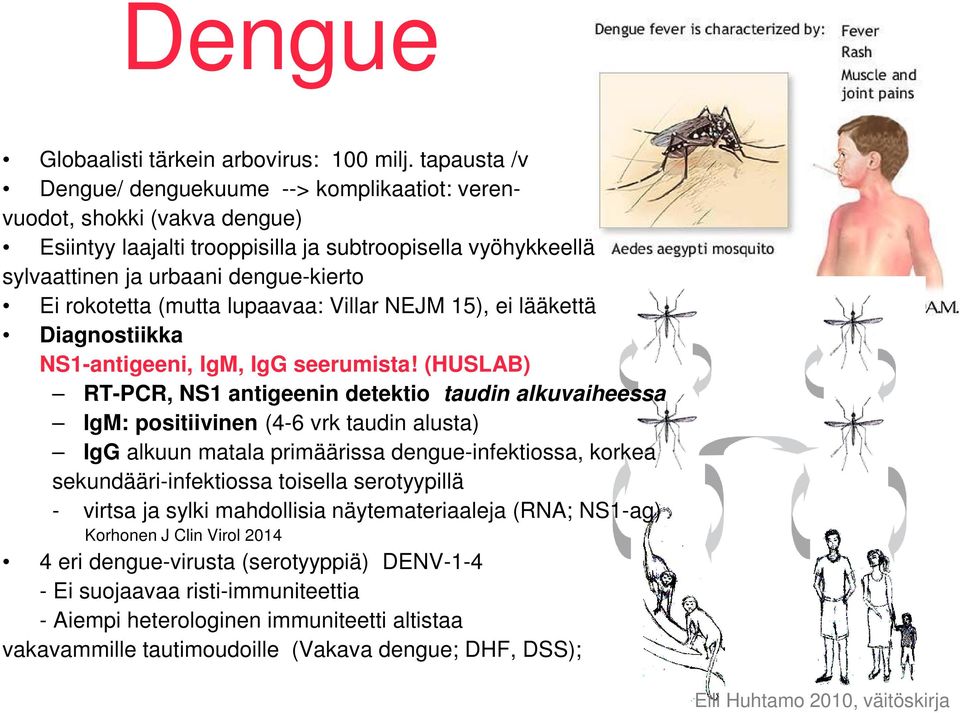 (mutta lupaavaa: Villar NEJM 15), ei lääkettä Diagnostiikka NS1-antigeeni, IgM, IgG seerumista!