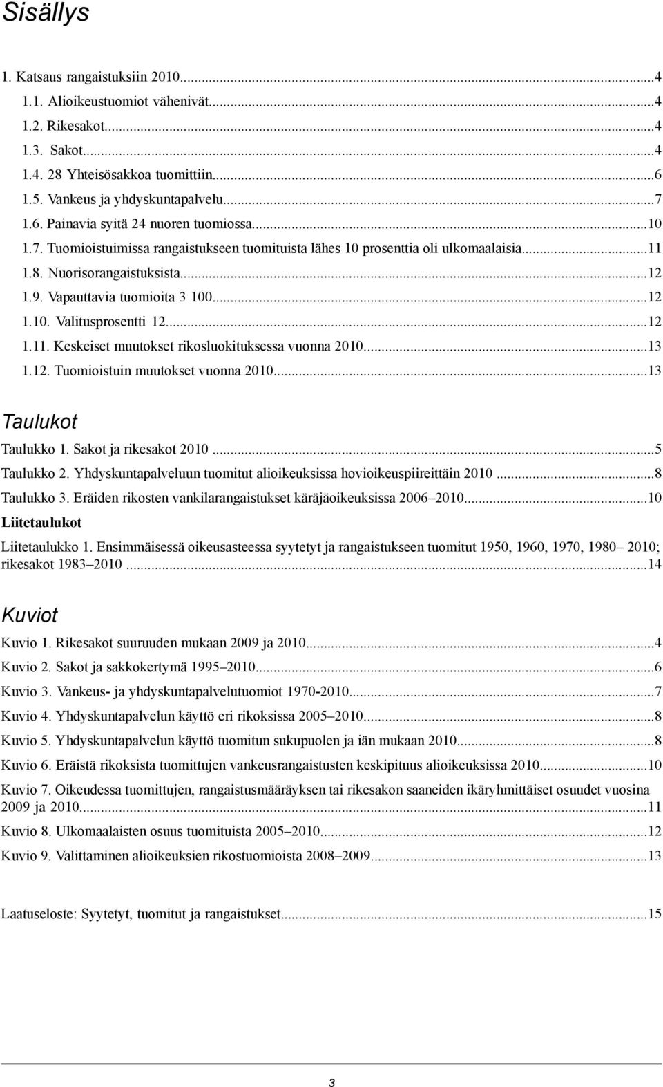 rikosluokituksessa vuonna 201013 112 Tuomioistuin muutokset vuonna 201013 Taulukot Taulukko 1 Sakot ja rikesakot 2010 5 Taulukko 2 Yhdyskuntapalveluun tuomitut alioikeuksissa hovioikeuspiireittäin