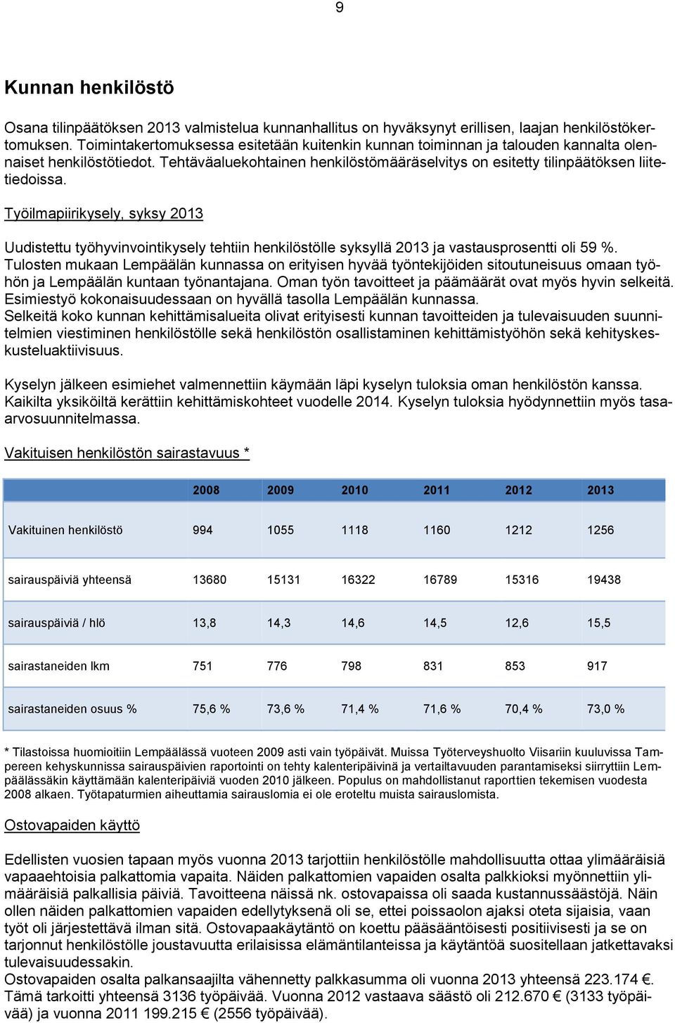 Työilmapiirikysely, syksy 2013 Uudistettu työhyvinvointikysely tehtiin henkilöstölle syksyllä 2013 ja vastausprosentti oli 59 %.