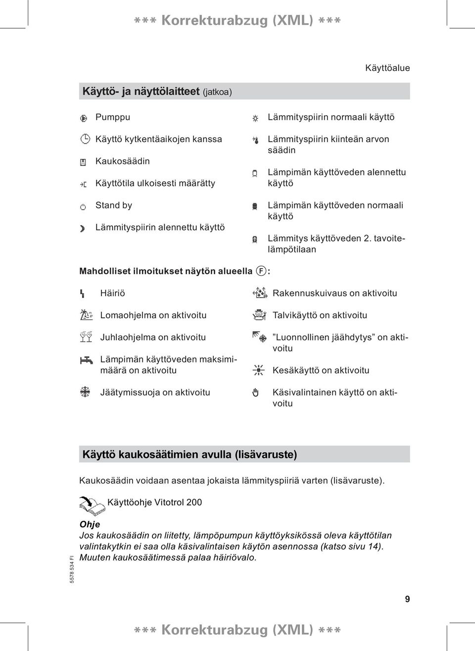 tavoitelämpötilaan Mahdolliset ilmoitukset näytön alueella F: «Häiriö 4 Lomaohjelma on aktivoitu _ Juhlaohjelma on aktivoitu 8 Lämpimän käyttöveden maksimimäärä on aktivoitu ² Rakennuskuivaus on