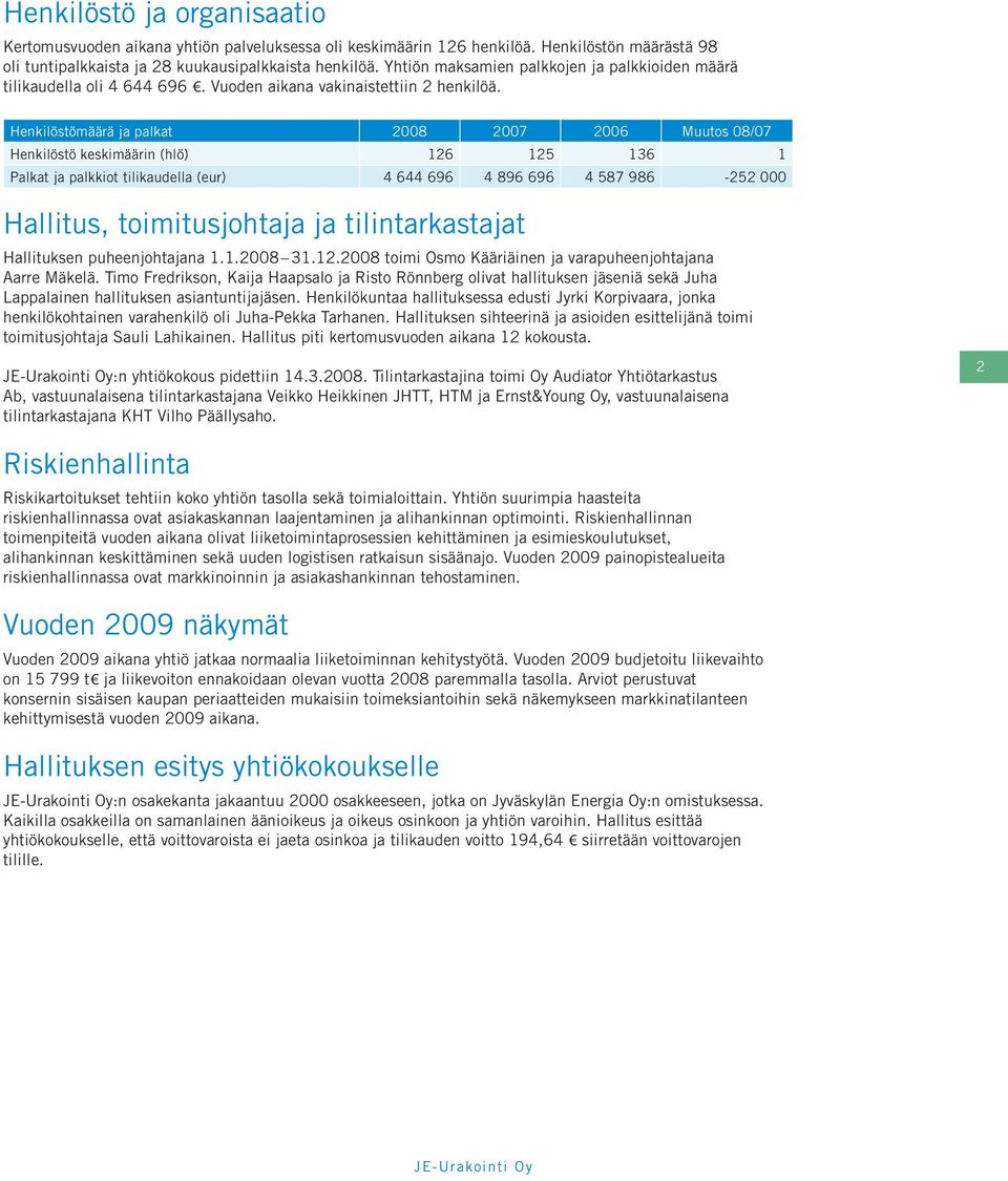 Henkilöstömäärä ja palkat 2008 2007 2006 Muutos 08/07 Henkilöstö keskimäärin (hlö) 126 125 136 1 Palkat ja palkkiot tilikaudella (eur) 4 644 696 4 896 696 4 587 986-252 000 Hallitus, toimitusjohtaja