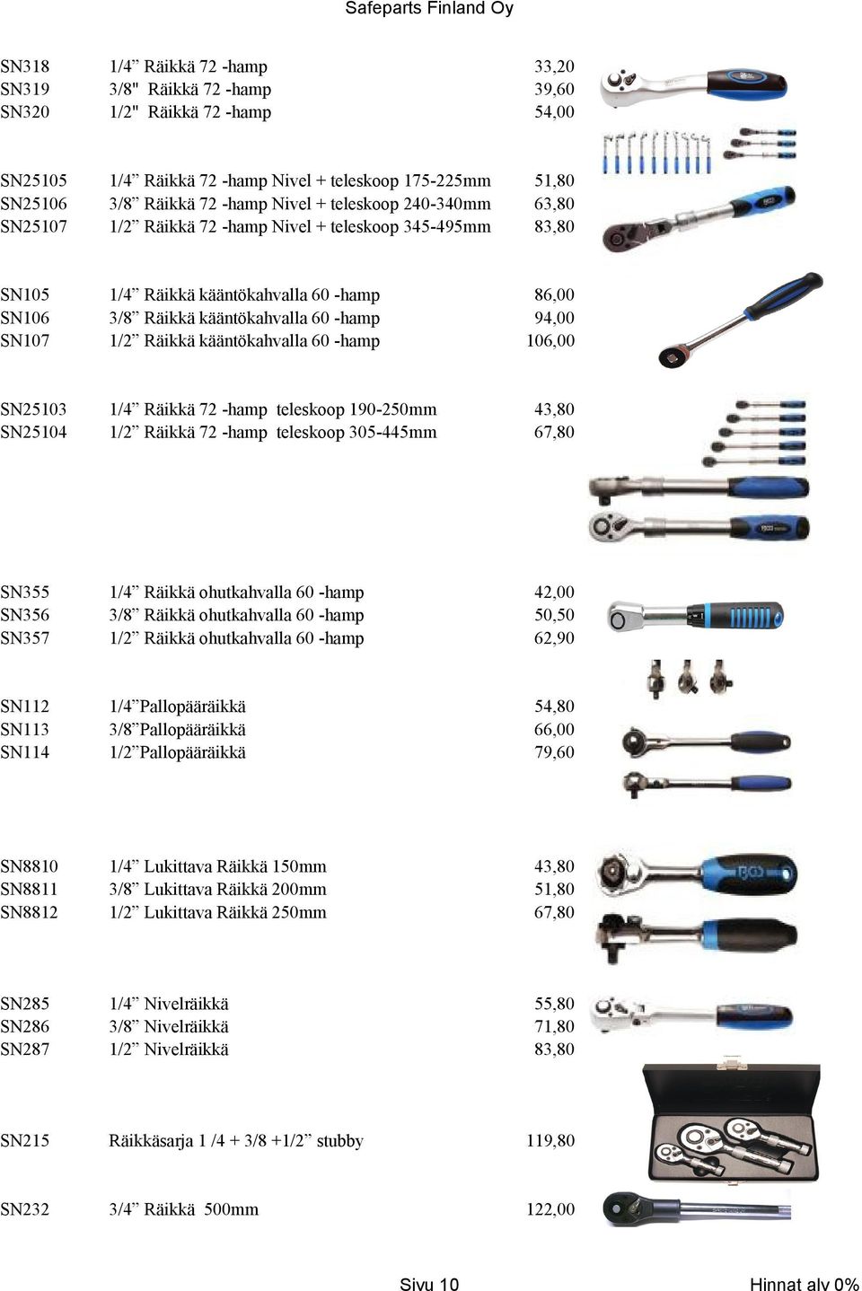 60 -hamp SN25103 SN25104 1/4 Räikkä 72 -hamp teleskoop 190-250mm 1/2 Räikkä 72 -hamp teleskoop 305-445mm 43,80 67,80 SN355 SN356 SN357 1/4 Räikkä ohutkahvalla 60 -hamp 3/8 Räikkä ohutkahvalla 60