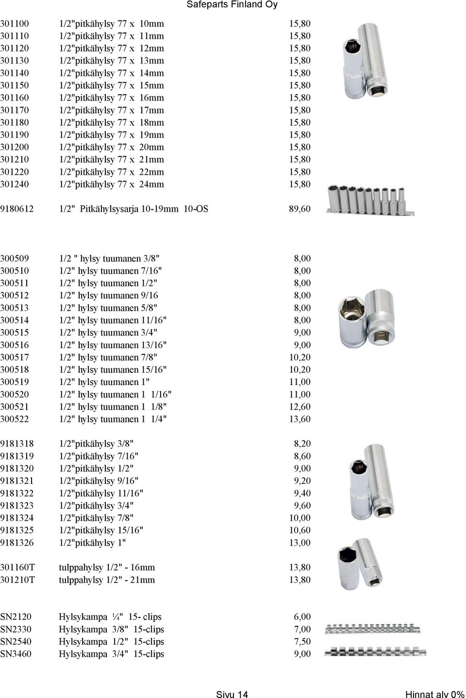 14mm 15mm 16mm 17mm 18mm 19mm 20mm 21mm 22mm 24mm 15,80 15,80 15,80 15,80 15,80 15,80 15,80 15,80 15,80 15,80 15,80 15,80 15,80 15,80 9180612 1/2" Pitkähylsysarja 10-19mm 10-OS 89,60 300509 300510