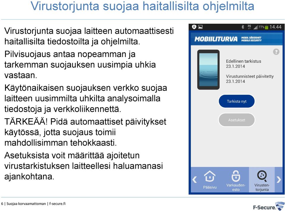 Käytönaikaisen suojauksen verkko suojaa laitteen uusimmilta uhkilta analysoimalla tiedostoja ja verkkoliikennettä. TÄRKEÄÄ!