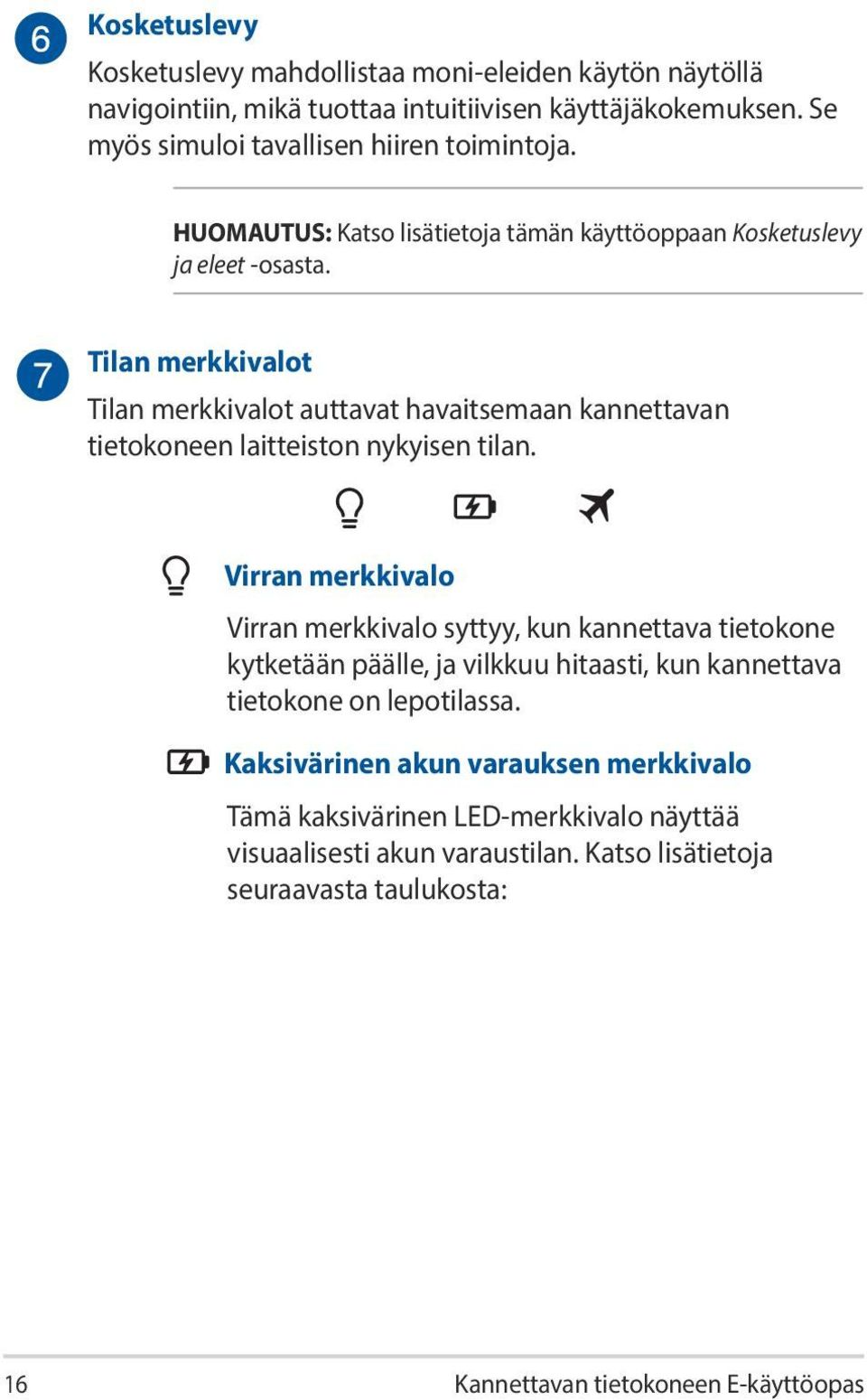 Tilan merkkivalot Tilan merkkivalot auttavat havaitsemaan kannettavan tietokoneen laitteiston nykyisen tilan.