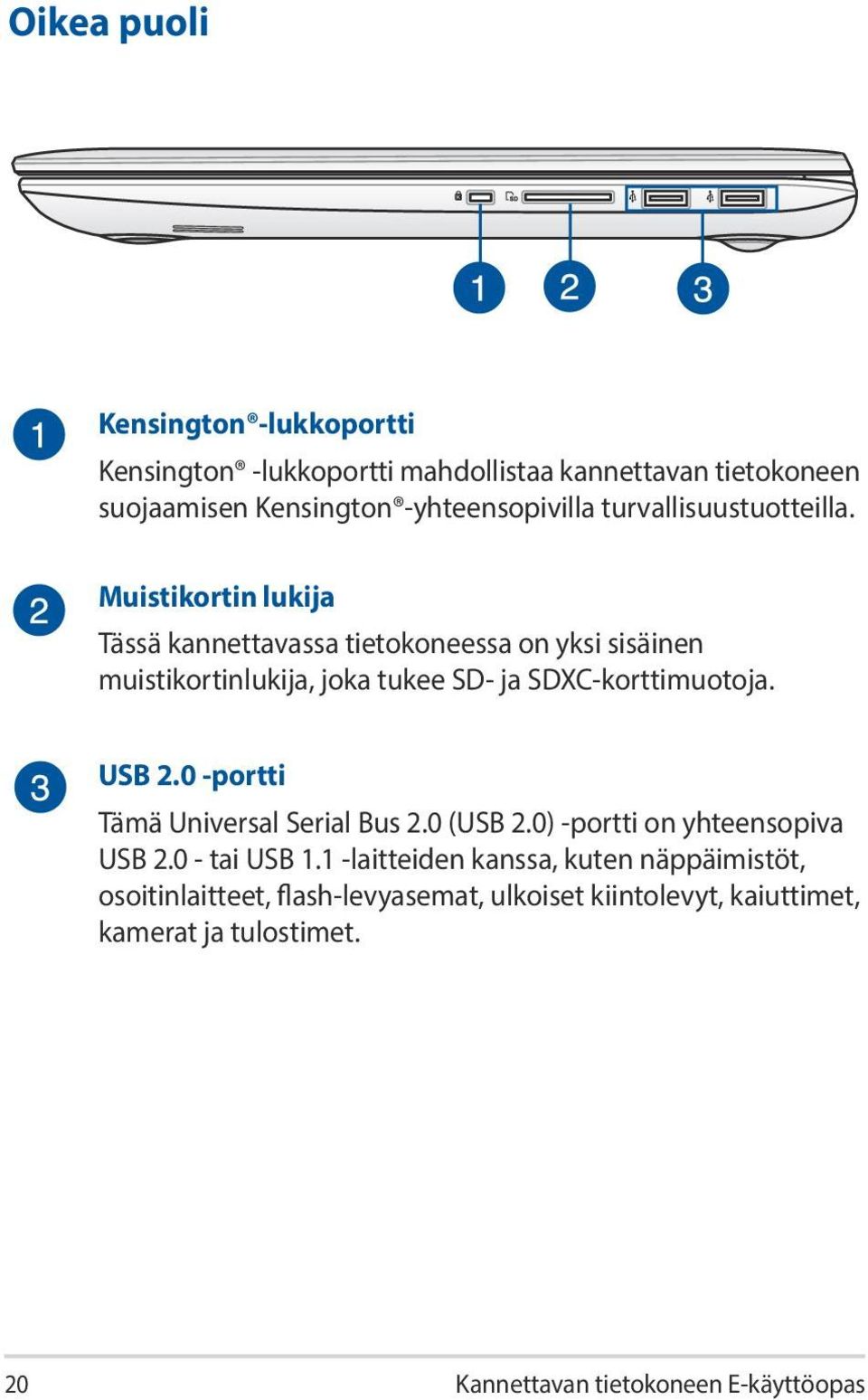 Muistikortin lukija Tässä kannettavassa tietokoneessa on yksi sisäinen muistikortinlukija, joka tukee SD- ja SDXC-korttimuotoja. USB 2.