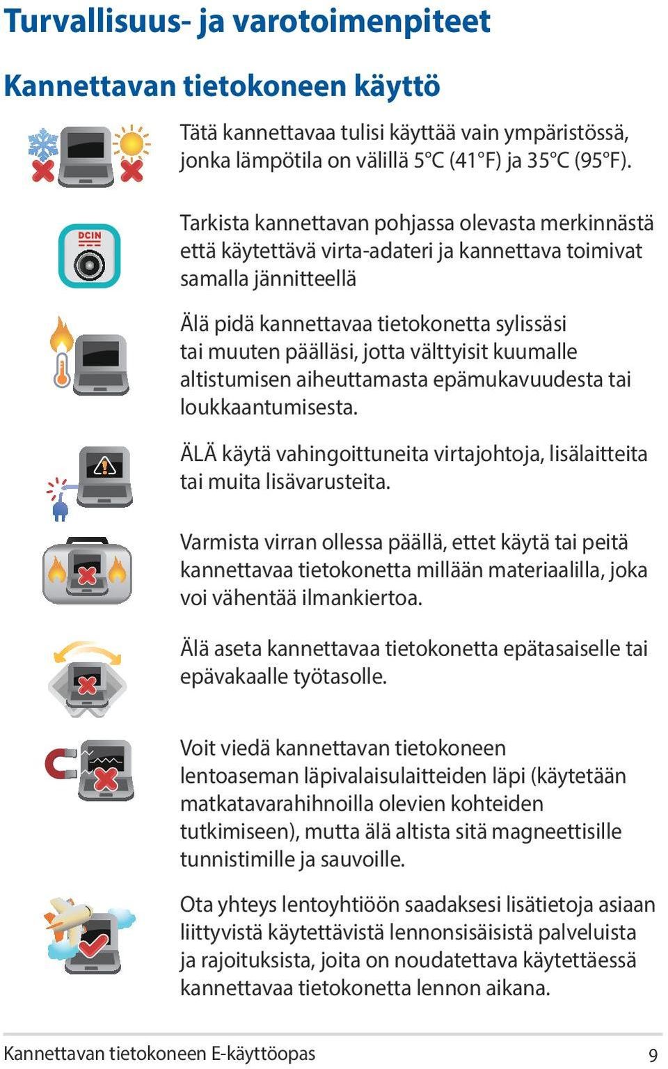 välttyisit kuumalle altistumisen aiheuttamasta epämukavuudesta tai loukkaantumisesta. ÄLÄ käytä vahingoittuneita virtajohtoja, lisälaitteita tai muita lisävarusteita.