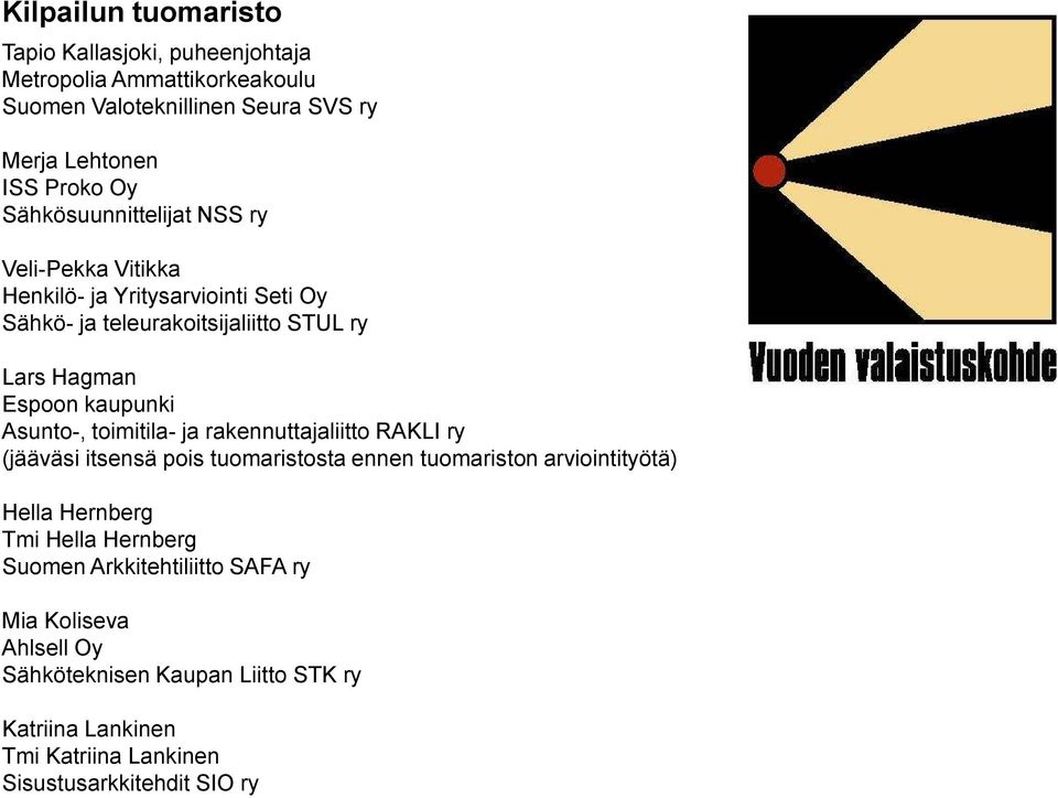 Asunto-, toimitila- ja rakennuttajaliitto RAKLI ry (jääväsi itsensä pois tuomaristosta ennen tuomariston arviointityötä) Hella Hernberg Tmi Hella