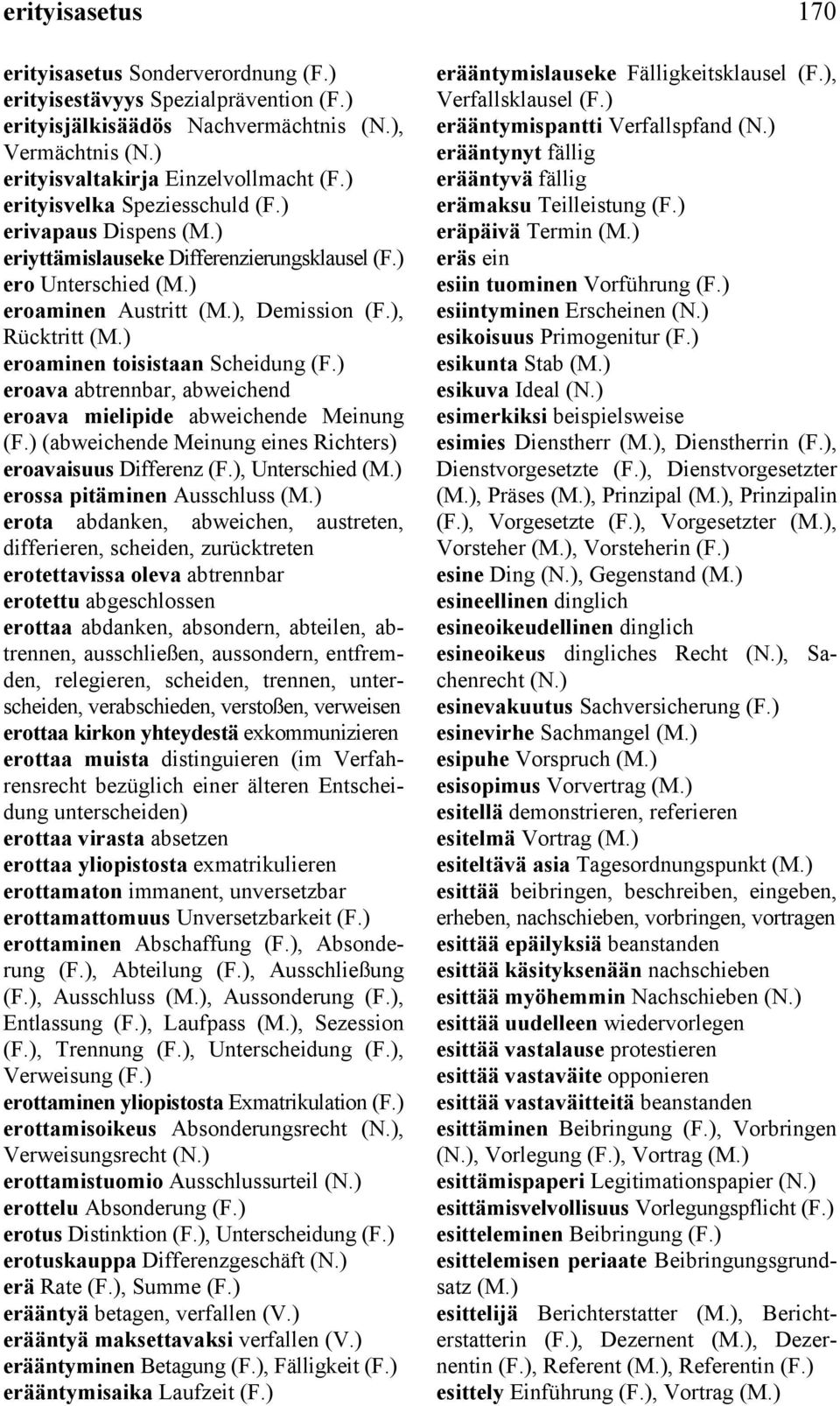 abweichende Meinung (abweichende Meinung eines Richters) eroavaisuus Differenz, Unterschied erossa pitäminen Ausschluss erota abdanken, abweichen, austreten, differieren, scheiden, zurücktreten