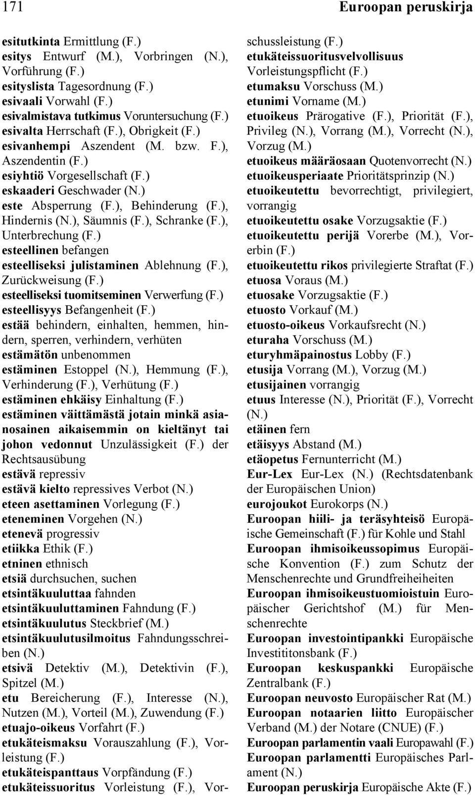 ), Aszendentin esiyhtiö Vorgesellschaft eskaaderi Geschwader este Absperrung, Behinderung, Hindernis, Säumnis, Schranke, Unterbrechung esteellinen befangen esteelliseksi julistaminen Ablehnung,