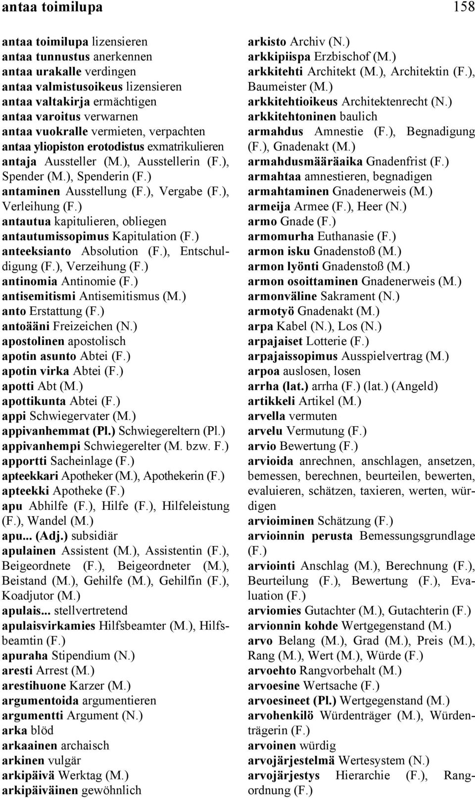 obliegen antautumissopimus Kapitulation anteeksianto Absolution, Entschuldigung, Verzeihung antinomia Antinomie antisemitismi Antisemitismus anto Erstattung antoääni Freizeichen apostolinen