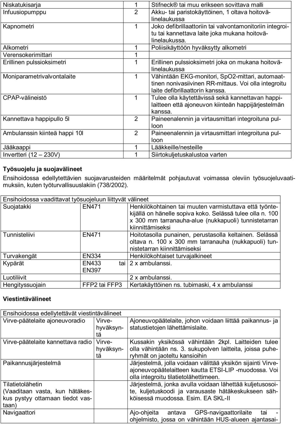 Alkometri 1 Poliisikäyttöön hyväksytty alkometri Verensokerimittari 1 Erillinen pulssioksimetri 1 Erillinen pulssioksimetri joka on mukana hoitovälinelaukussa Moniparametrivalvontalaite 1 Vähintään