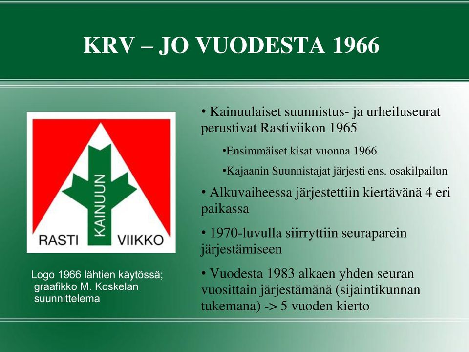 osakilpailun Alkuvaiheessa järjestettiin kiertävänä 4 eri paikassa 1970-luvulla siirryttiin seuraparein