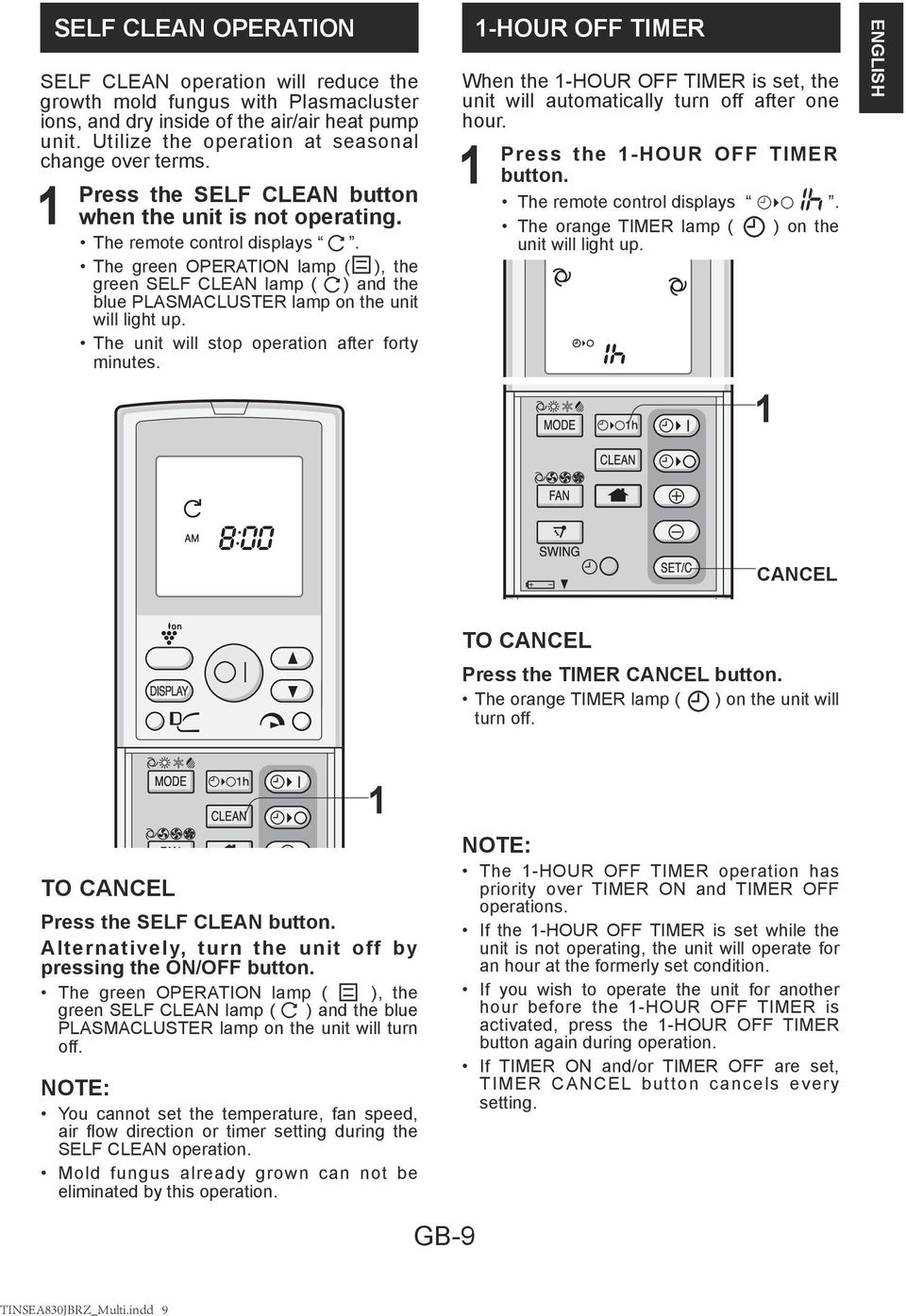 The green OPERATION lamp ( ), the green SELF CLEAN lamp ( ) and the blue PLASMACLUSTER lamp on the unit will light up. The unit will stop operation after forty minutes.