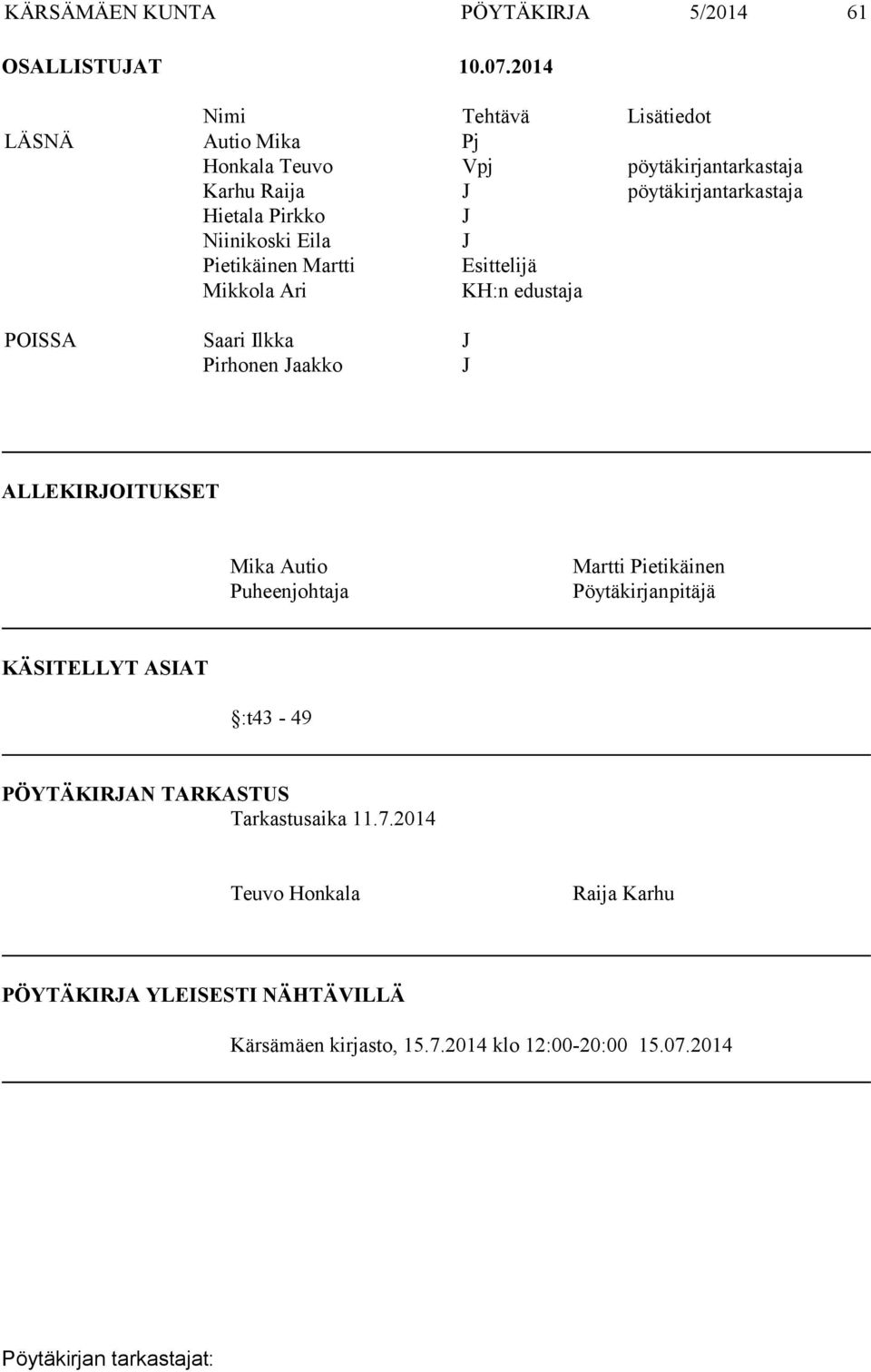 Niinikoski Eila J Pietikäinen Martti Esittelijä Mikkola Ari KH:n edustaja POISSA Saari Ilkka J Pirhonen Jaakko J ALLEKIRJOITUKSET Mika Autio