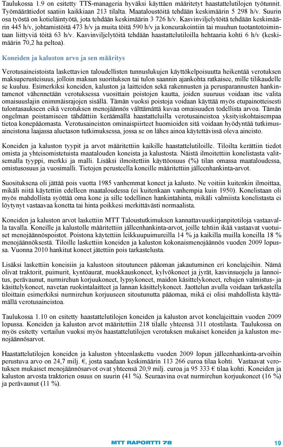 Kasvinviljelytöitä tehdään keskimäärin 445 h/v, johtamistöitä 473 h/v ja muita töitä 590 h/v ja koneurakointiin tai muuhun tuotantotoimintaan liittyviä töitä 63 h/v.