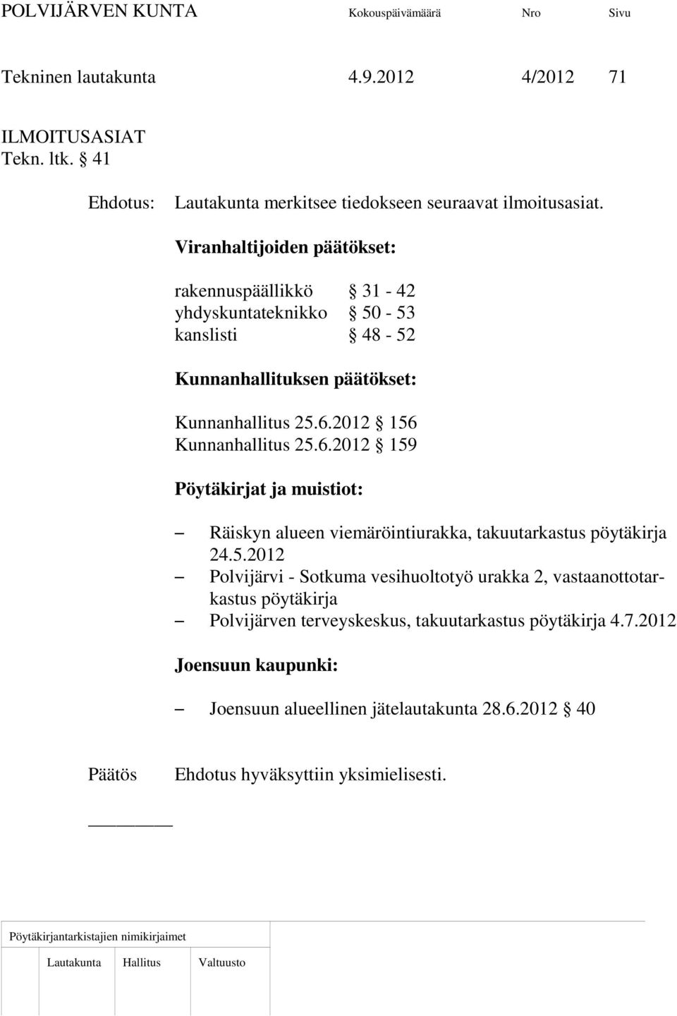 2012 156 Kunnanhallitus 25.6.2012 159 Pöytäkirjat ja muistiot: S Räiskyn alueen viemäröintiurakka, takuutarkastus pöytäkirja 24.5.2012 S Polvijärvi - Sotkuma vesihuoltotyö urakka 2, vastaanottotarkastus pöytäkirja S Polvijärven terveyskeskus, takuutarkastus pöytäkirja 4.