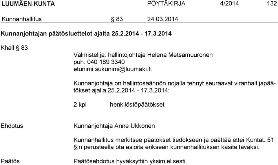 40 Kunnanjohtaja on hallintosäännön nojalla tehnyt seuraavat vi ran hal ti ja päätök set ajalla 25.2.2014-17.3.