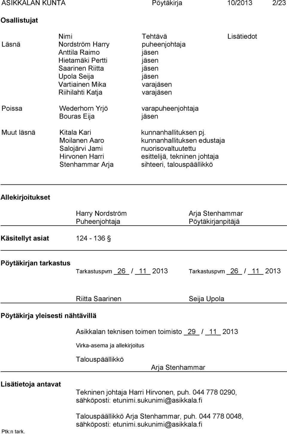 Moilanen Aaro kunnanhallituksen edustaja Salojärvi Jami nuorisovaltuutettu Hirvonen Harri esittelijä, tekninen johtaja Stenhammar Arja sihteeri, talouspäällikkö Allekirjoitukset Harry Nordström