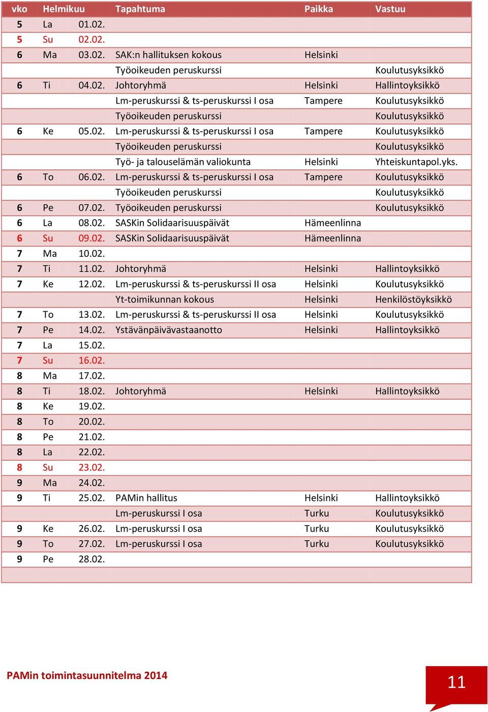 02. Työoikeuden peruskurssi 6 La 08.02. SASKin Solidaarisuuspäivät Hämeenlinna 6 Su 09.02. SASKin Solidaarisuuspäivät Hämeenlinna 7 Ma 10.02. 7 Ti 11.02. Johtoryhmä Helsinki Hallintoyksikkö 7 Ke 12.