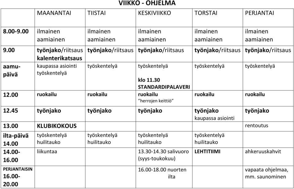 30 STANDARDIPALAVERI 12.00 ruokailu ruokailu ruokailu herrojen keittiö ilmainen aamiainen ilmainen aamiainen työnjako/riitsaus työnjako/riitsaus työskentelyä ruokailu työskentelyä ruokailu 12.