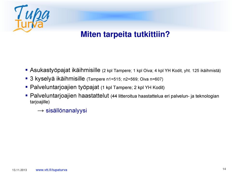 125 ikäihmistä) 3 kyselyä ikäihmisille (Tampere n1=515; n2=569; Oiva n=607)