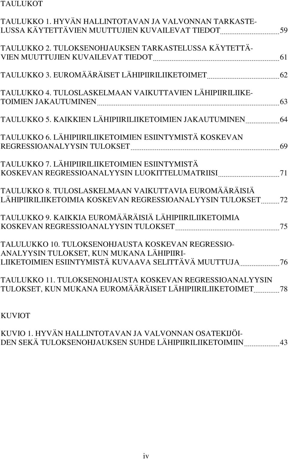 TULOSLASKELMAAN VAIKUTTAVIEN LÄHIPIIRILIIKE- TOIMIEN JAKAUTUMINEN 63 TAULUKKO 5. KAIKKIEN LÄHIPIIRILIIKETOIMIEN JAKAUTUMINEN 64 TAULUKKO 6.