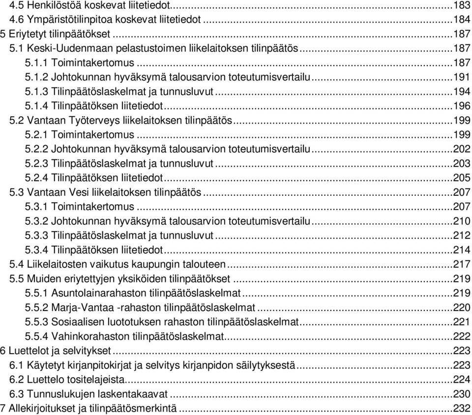 2 Vantaan Työterveys liikelaitoksen tilinpäätös...199 5.2.1 Toimintakertomus...199 5.2.2 Johtokunnan hyväksymä talousarvion toteutumisvertailu...202 5.2.3 Tilinpäätöslaskelmat ja tunnusluvut...203 5.