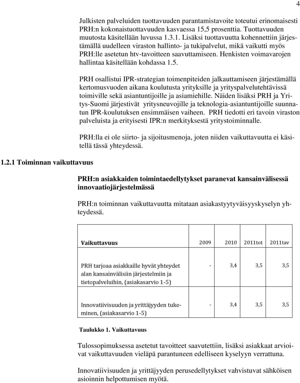 3.1. Lisäksi tuottavuutta kohennettiin järjestämällä uudelleen viraston hallinto- ja tukipalvelut, mikä vaikutti myös PRH:lle asetetun htv-tavoitteen saavuttamiseen.