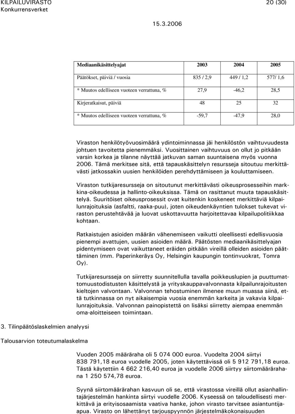 Tilinpäätöslaskelmien analyysi Talousarvion toteutumalaskelma Viraston henkilötyövuosimäärä ydintoiminnassa jäi henkilöstön vaihtuvuudesta johtuen tavoitetta pienemmäksi.