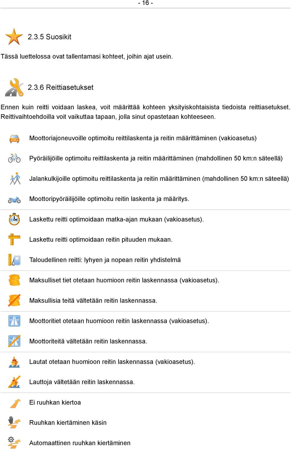 Moottoriajoneuvoille optimoitu reittilaskenta ja reitin määrittäminen (vakioasetus) Pyöräilijöille optimoitu reittilaskenta ja reitin määrittäminen (mahdollinen 50 km:n säteellä) Jalankulkijoille