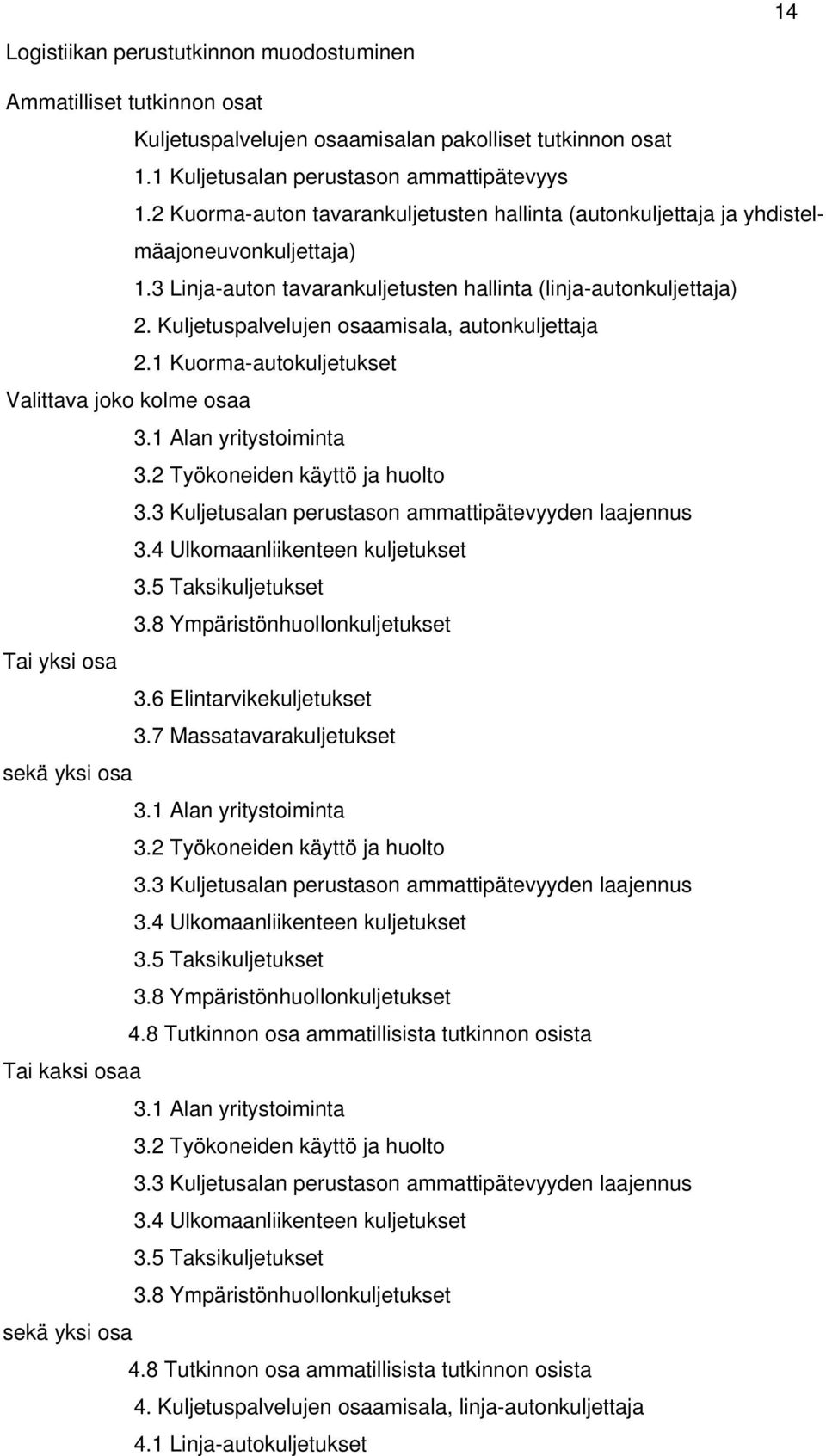 1 Kuorma-autokuljetukset Valittava joko kolme osaa 3.1 Alan yritystoiminta 3.2 Työkoneiden käyttö ja huolto 3.3 Kuljetusalan perustason ammattipätevyyden laajennus 3.