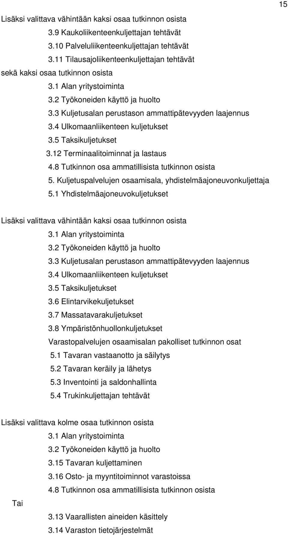 4 Ulkomaanliikenteen kuljetukset 3.5 Taksikuljetukset 3.12 Terminaalitoiminnat ja lastaus 4.8 Tutkinnon osa ammatillisista tutkinnon osista 5.