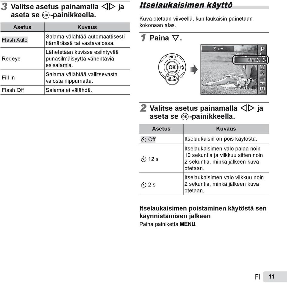 Itselaukaisimen käyttö Kuva otetaan viiveellä, kun laukaisin painetaan kokonaan alas. 1 Paina G. Y Off P 12 2 0.