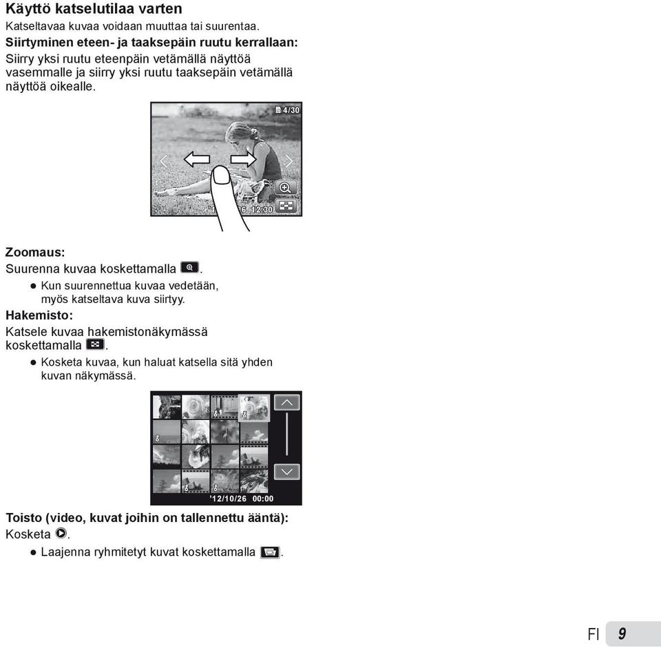 näyttöä oikealle. 4/30 12/10/26 12:30 Zoomaus: Suurenna kuvaa koskettamalla. Kun suurennettua kuvaa vedetään, myös katseltava kuva siirtyy.