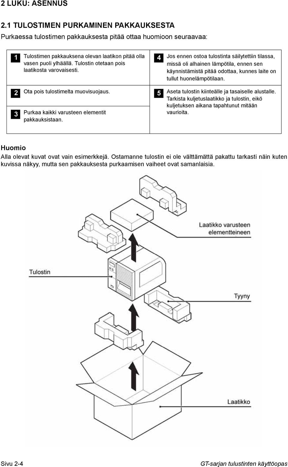 Jos ennen ostoa tulostinta säilytettiin tilassa, missä oli alhainen lämpötila, ennen sen käynnistämistä pitää odottaa, kunnes laite on tullut huonelämpötilaan.