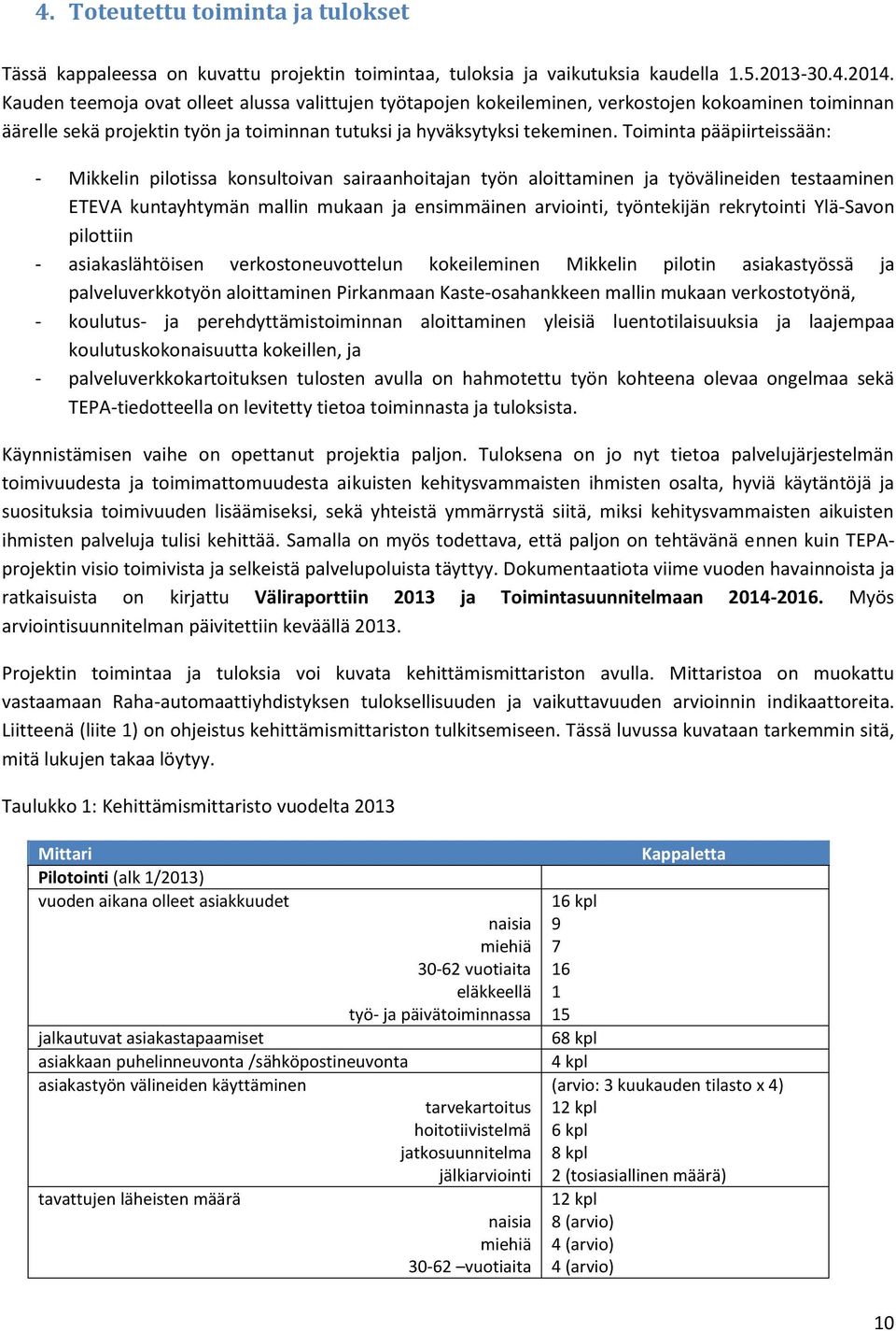 Toiminta pääpiirteissään: - Mikkelin pilotissa konsultoivan sairaanhoitajan työn aloittaminen ja työvälineiden testaaminen ETEVA kuntayhtymän mallin mukaan ja ensimmäinen arviointi, työntekijän