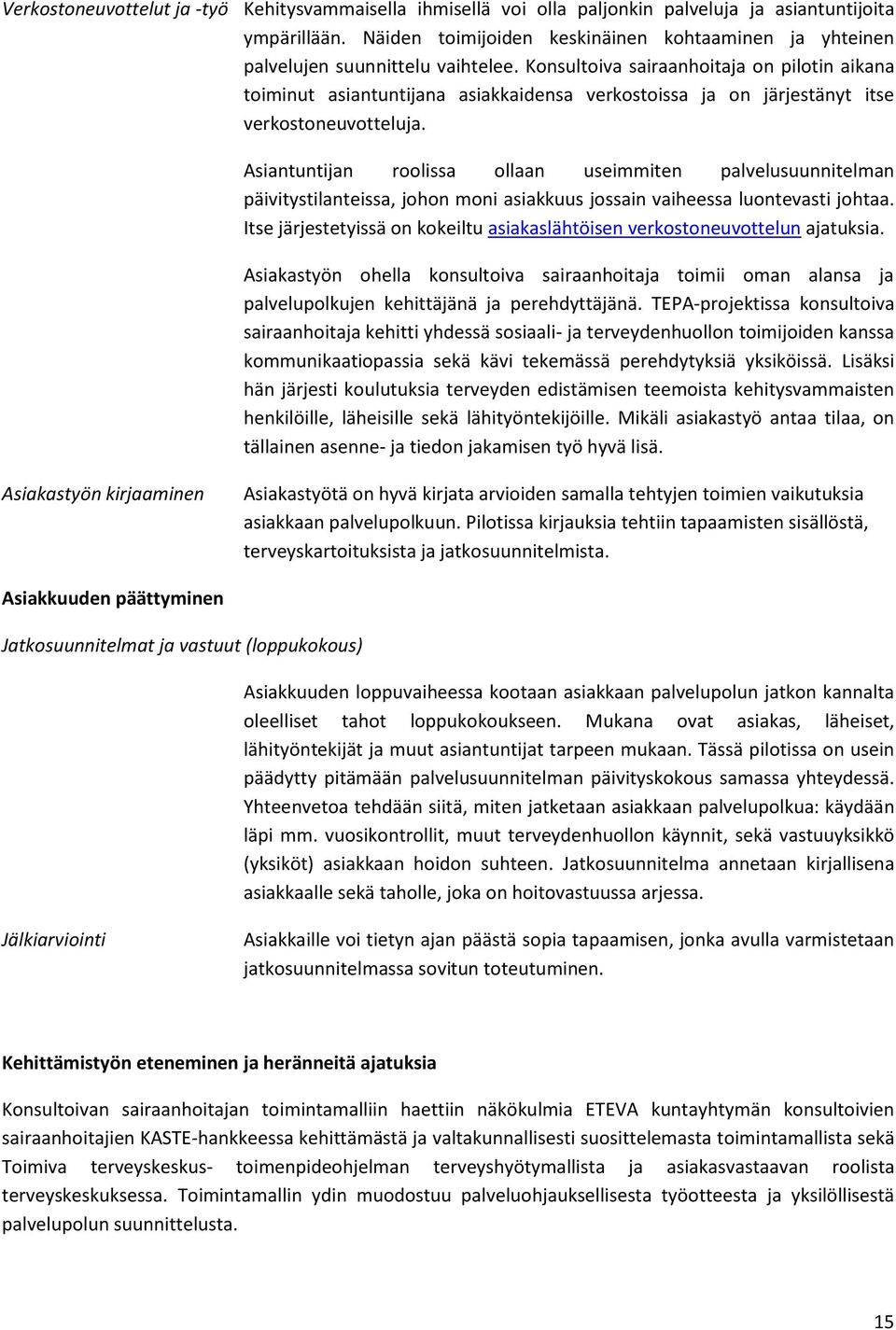 Konsultoiva sairaanhoitaja on pilotin aikana toiminut asiantuntijana asiakkaidensa verkostoissa ja on järjestänyt itse verkostoneuvotteluja.