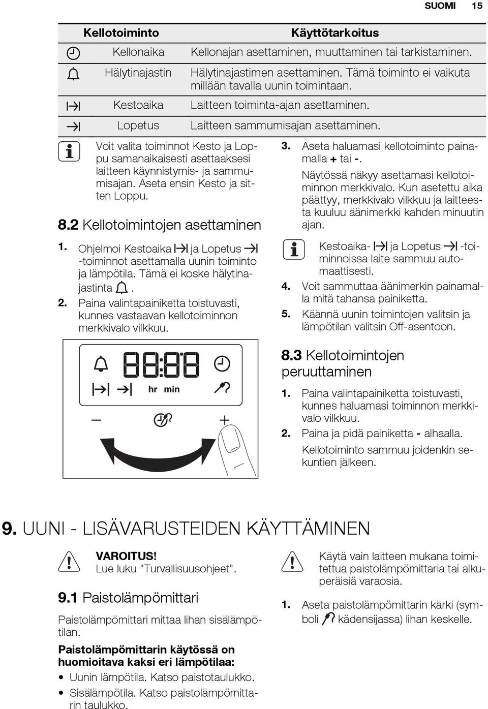 Voit valita toiminnot Kesto ja Loppu samanaikaisesti asettaaksesi laitteen käynnistymis- ja sammumisajan. Aseta ensin Kesto ja sitten Loppu. 8.2 Kellotoimintojen asettaminen 1.
