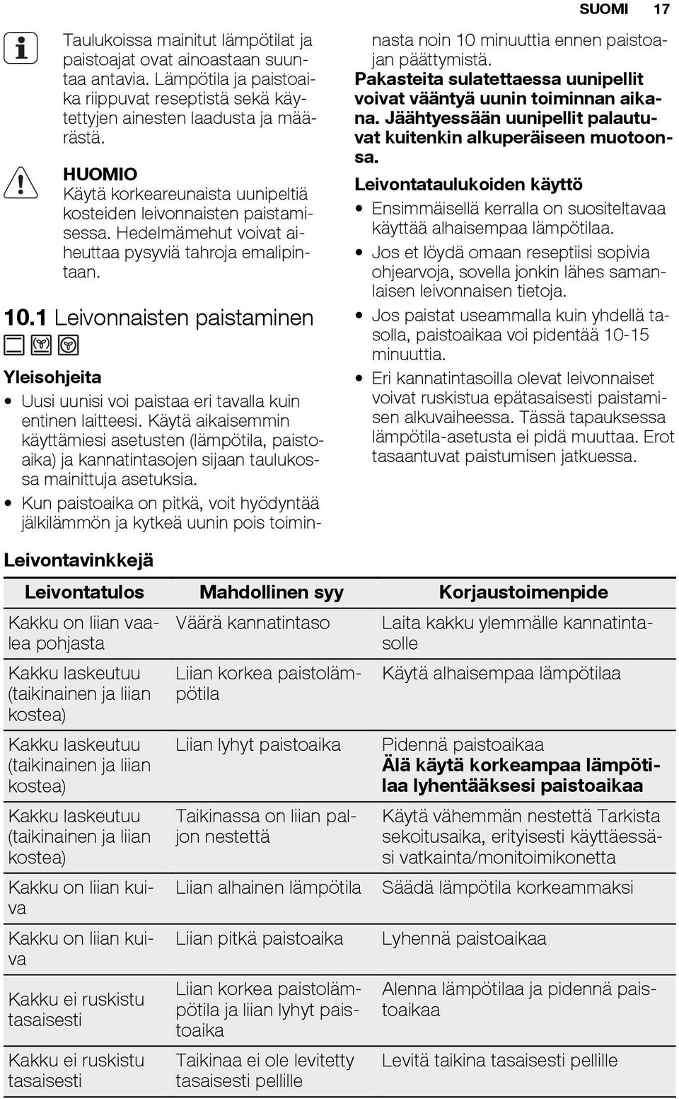 1 Leivonnaisten paistaminen Yleisohjeita Uusi uunisi voi paistaa eri tavalla kuin entinen laitteesi.