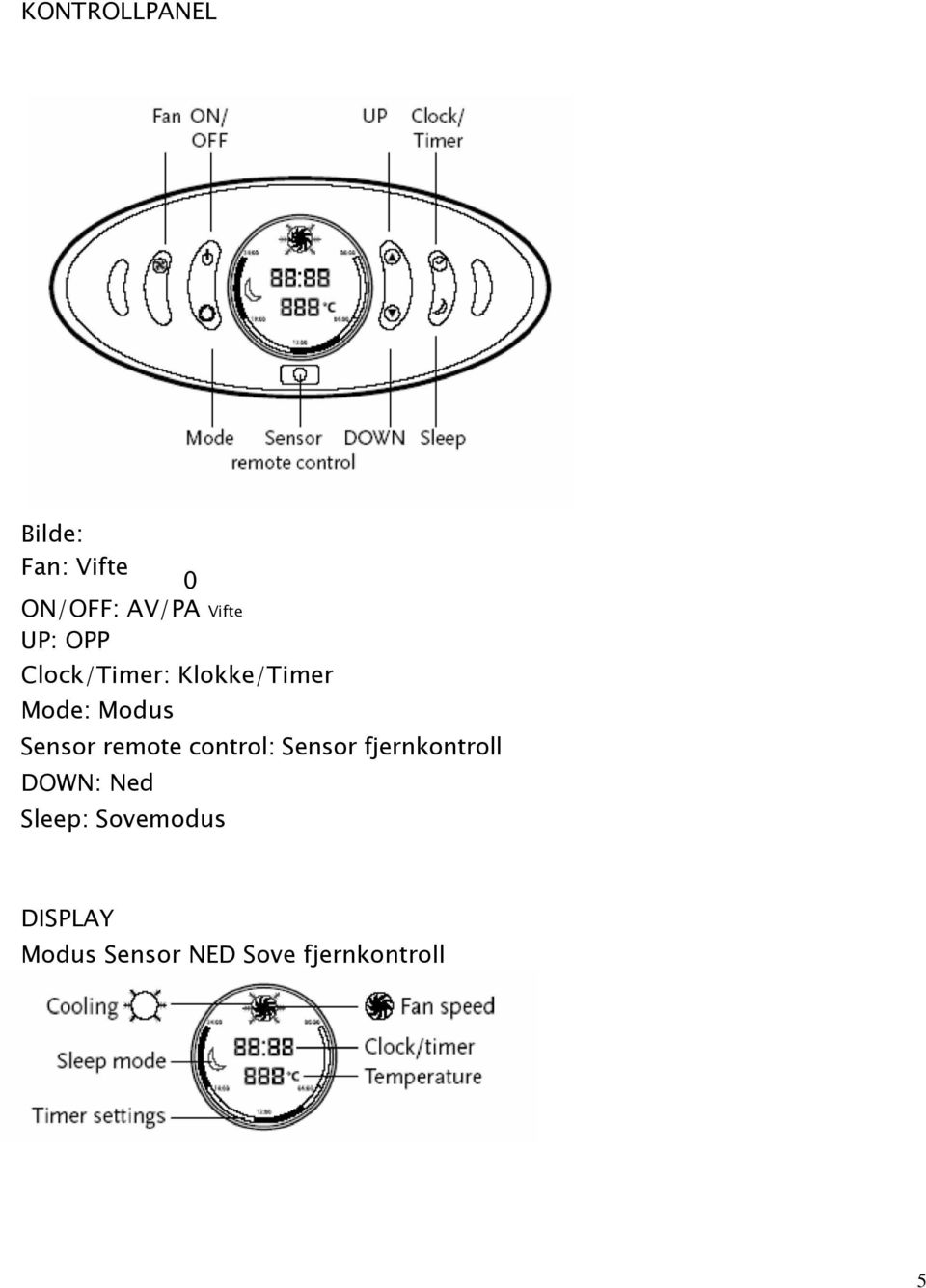 remote control: Sensor fjernkontroll DOWN: Ned Sleep: