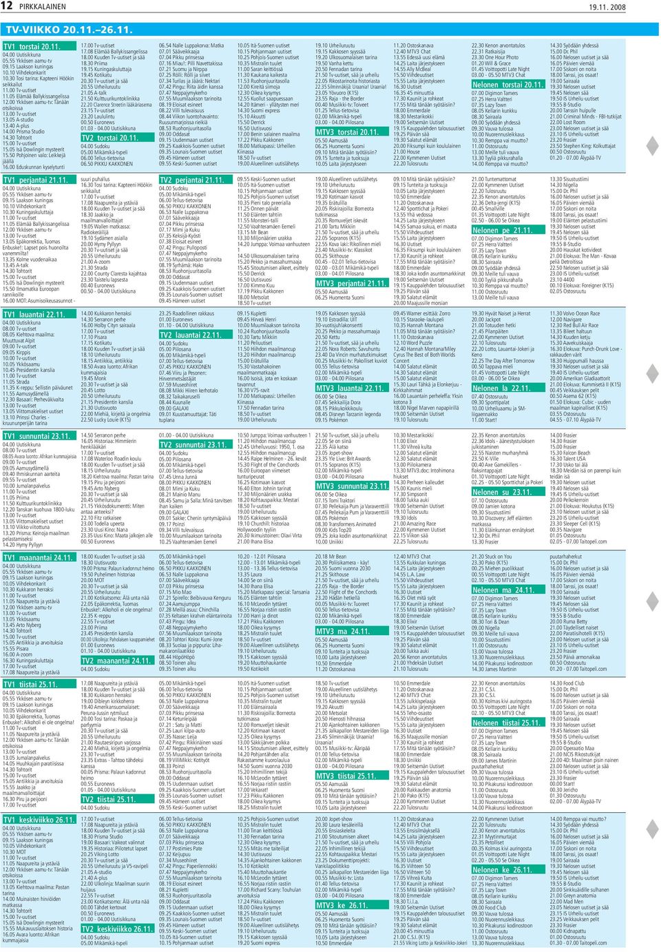 00 Prisma Studio 14.30 Tohtorit 15.00 Tv-uutiset 15.05 Isä Dowlingin mysteerit 15.50 Pohjoinen valo: Leikkejä jäällä 16.00 Eduskunnan kyselytunti TV1 perjantai 21.11. 04.00 Uutisikkuna 05.